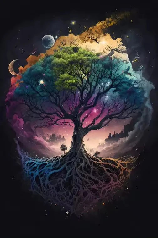 Flashing Magic Tree of Life Poster Galaxy Aurora Plant Canvas Art Natural Beauty Wall Painting for Living Room Home Decor Peaceful Pleasures Health and Wellness