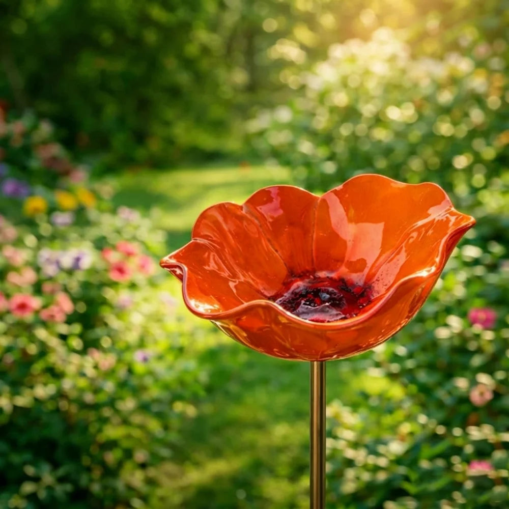 Handcrafted Metal Flower Garden Stake & Bird Bath | UV Resistant