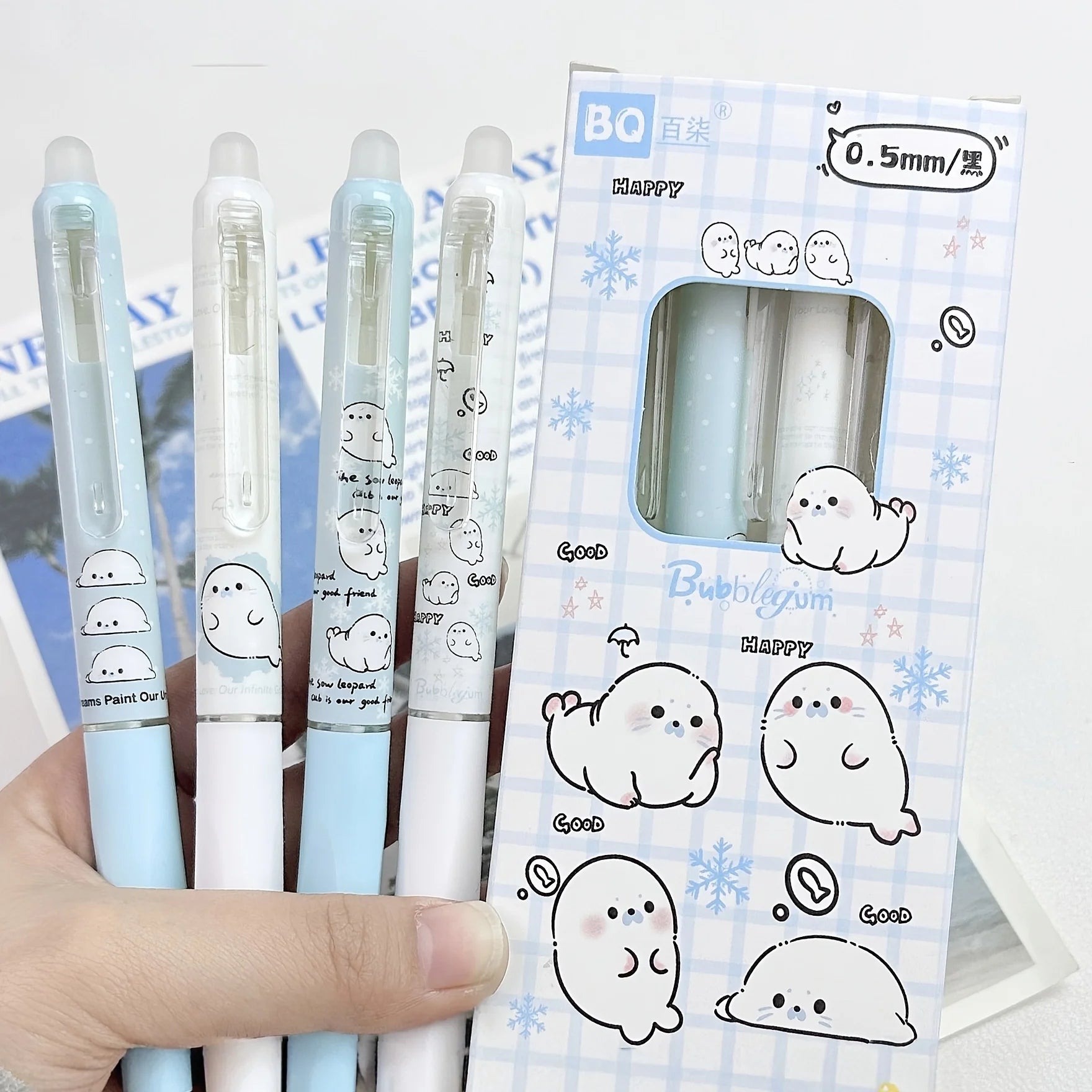 8-Pack of Black Gel Pens with Random Designs, Featuring a Cute Seal Shape, High Aesthetic Appeal, Retractable and Erasable, Suitable for Elementary School Students, Easy-To-Erase Black Gel Pens, Essential for Study and Office Peaceful Pleasures Health and Wellness