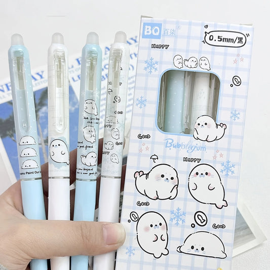 8-Pack of Black Gel Pens with Random Designs, Featuring a Cute Seal Shape, High Aesthetic Appeal, Retractable and Erasable, Suitable for Elementary School Students, Easy-To-Erase Black Gel Pens, Essential for Study and Office Peaceful Pleasures Health and Wellness