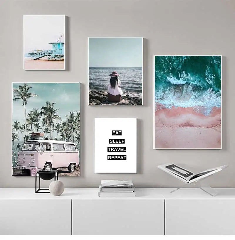 Scandinavian Ocean Beach Pink Bus Canvas Wall Art | Nordic Print