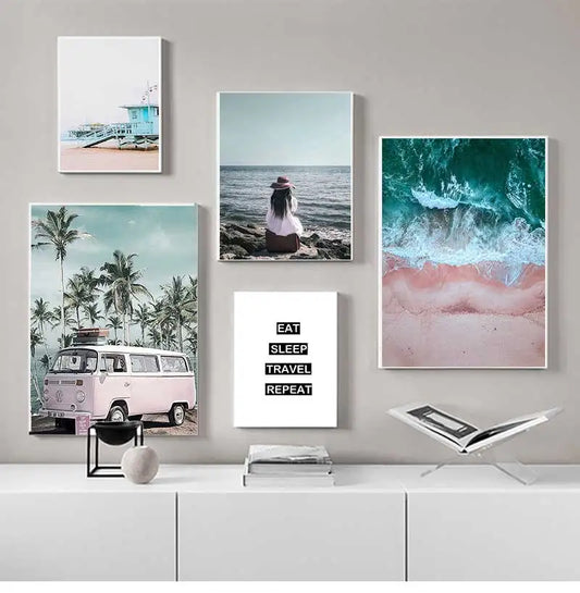 Scandinavian Ocean Beach Pink Bus Canvas Wall Art | Nordic Print Canvas Wall Art Print Peaceful Pleasures Health and Wellness