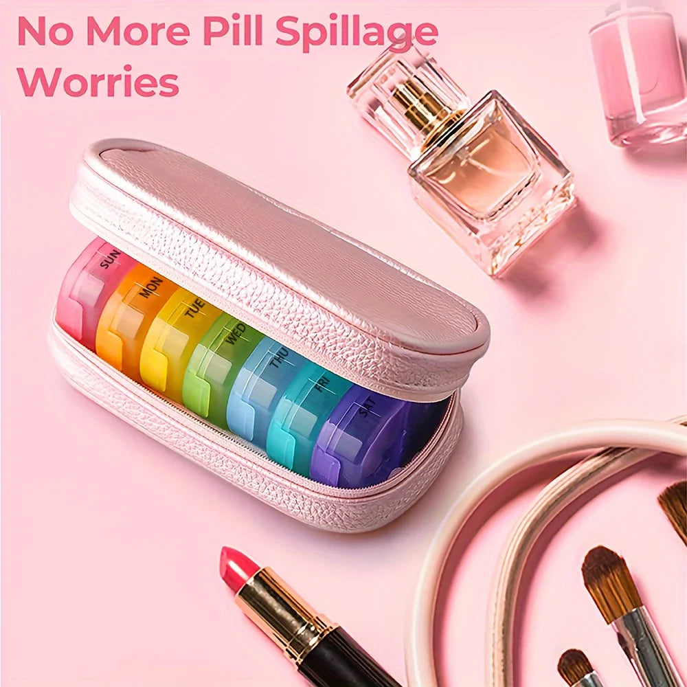 Cute Pill Organizer 2 Times a Day, PU Leather Pill Case, Portable Weekly Pill Box for Purse with Storage Bag to Hold Peaceful Pleasures Health and Wellness