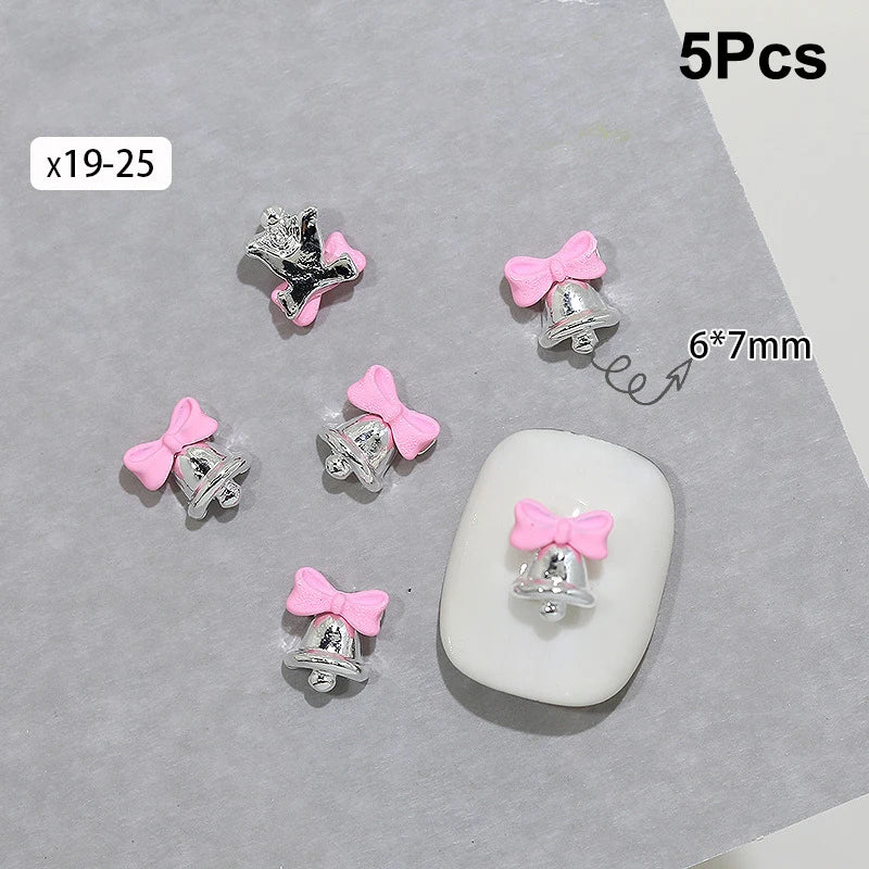 5Pcs Christmas Alloy Nail Accessories Mini Colored Bow Bell Rhinestones Jewelry Nail Art Charms Decorations 3D Flat Back Parts Peaceful Pleasures Health and Wellness x19 25