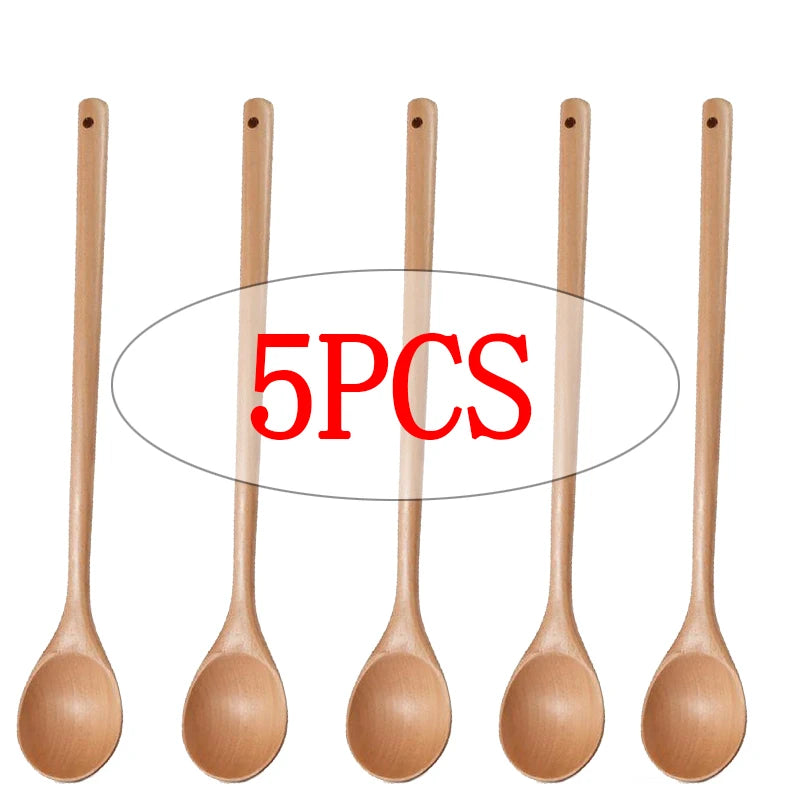 Long Wooden Stirring Spoon Set | 13-Inch Natural Wood Cooking Spoons – 5-Pack or 10-Pack