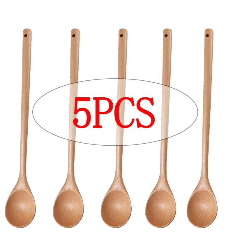 Long Handle Wooden Stirring Spoons – 13" Natural Wood Set