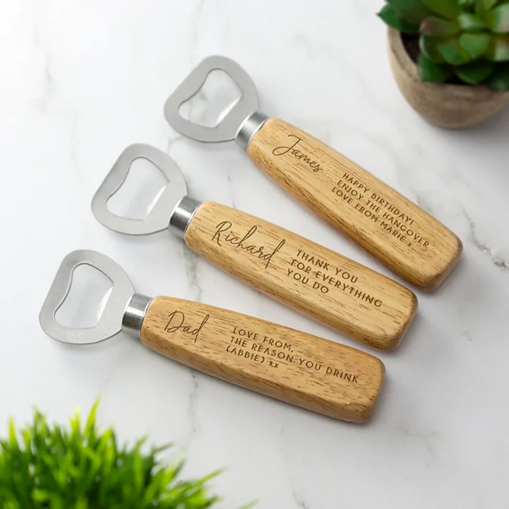 Custom Engraved Wooden Bottle Openers – 10-Pack Party Favors