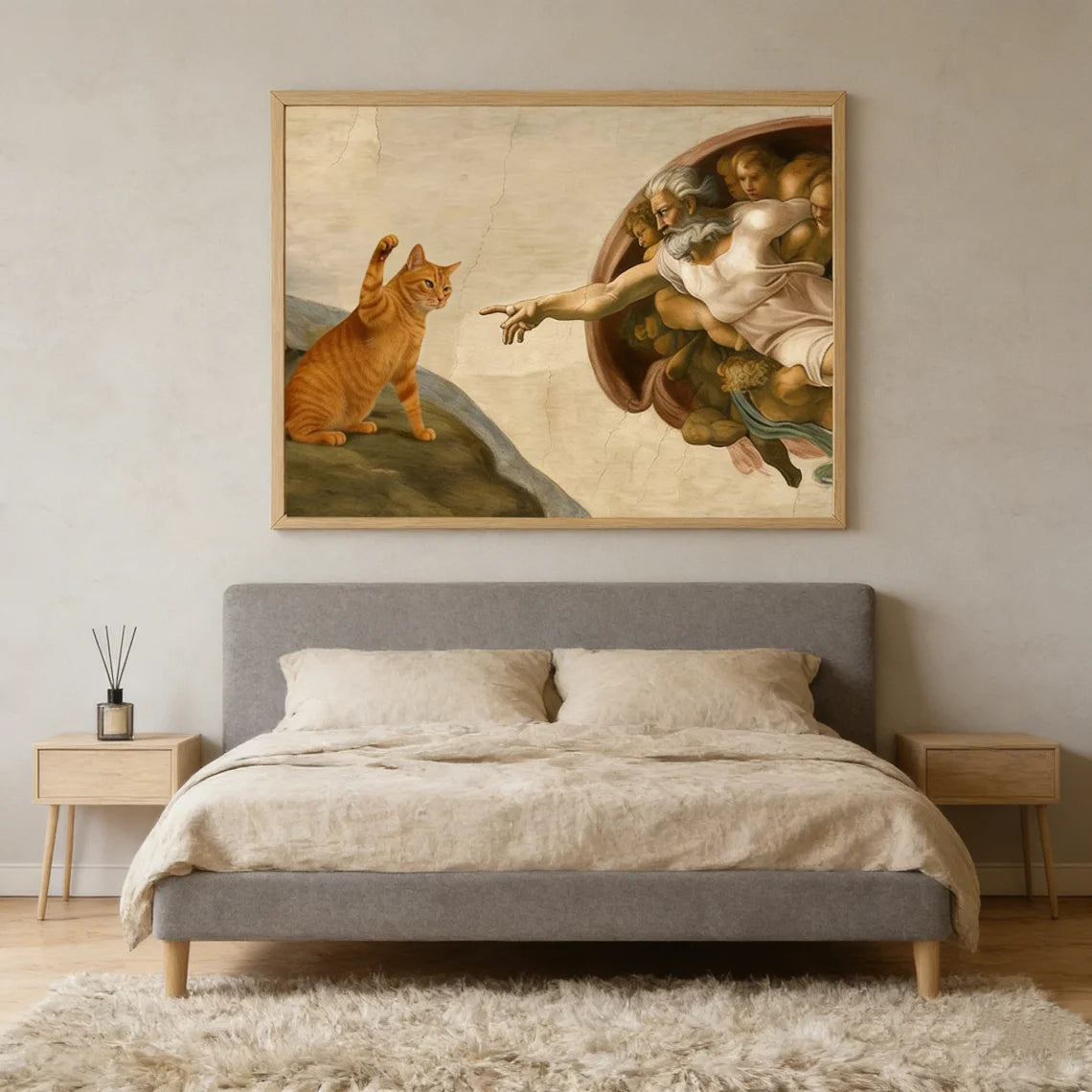 "Whimsical 'Creation of Adam' with Orange Cat Wall Print Decor - Classic Art Parody Poster for Eclectic Living Room, Quirky Peaceful Pleasures Health and Wellness