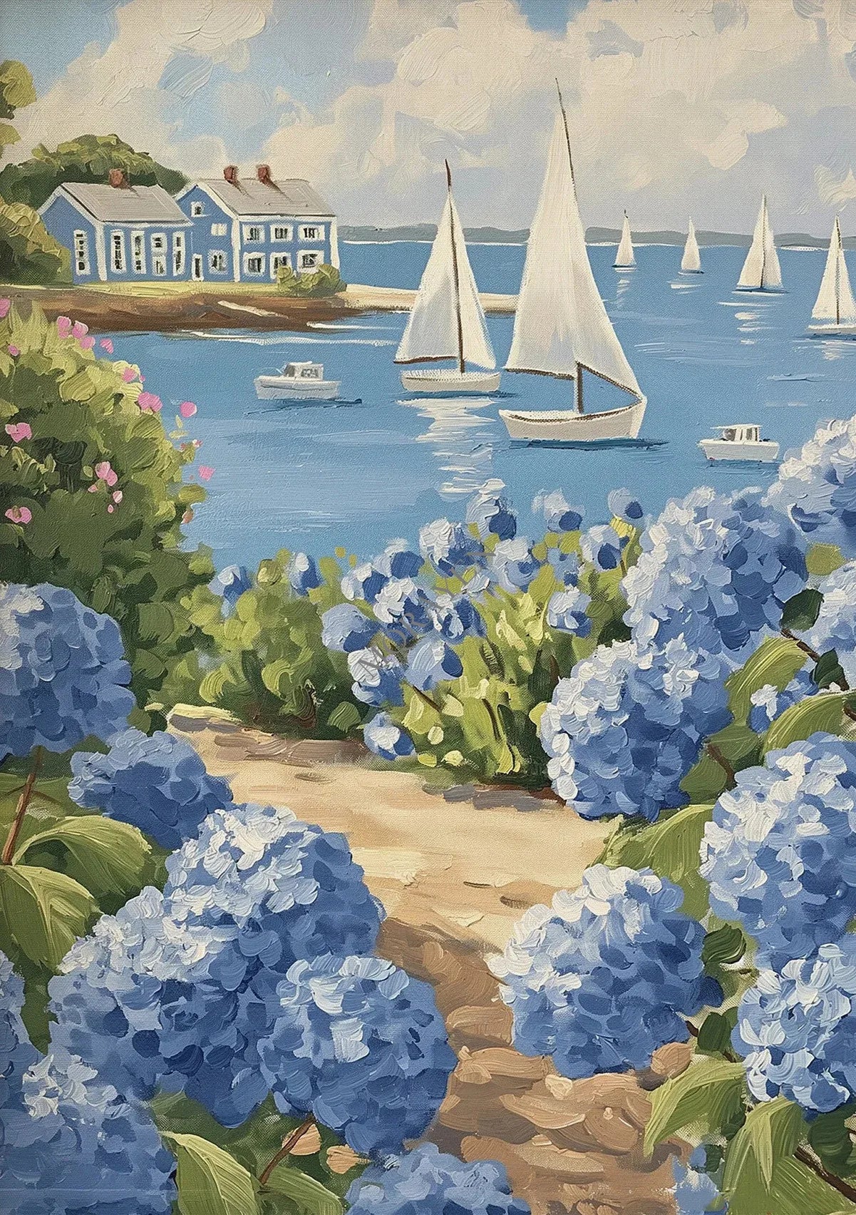 Blue Coastal Canvas Wall Art | Hydrangea Beach Seashell Print