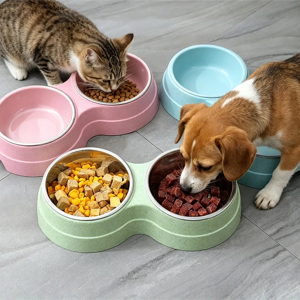 Colorful Wheat Straw Base Stainless Steel Pet Tableware Healthy Safe Double Bowl Feeding Set Liner Cat Dog Drinking Feeding Bowl Peaceful Pleasures Health and Wellness