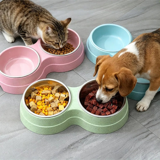 Colorful Wheat Straw Base Stainless Steel Pet Tableware Healthy Safe Double Bowl Feeding Set Liner Cat Dog Drinking Feeding Bowl Peaceful Pleasures Health and Wellness