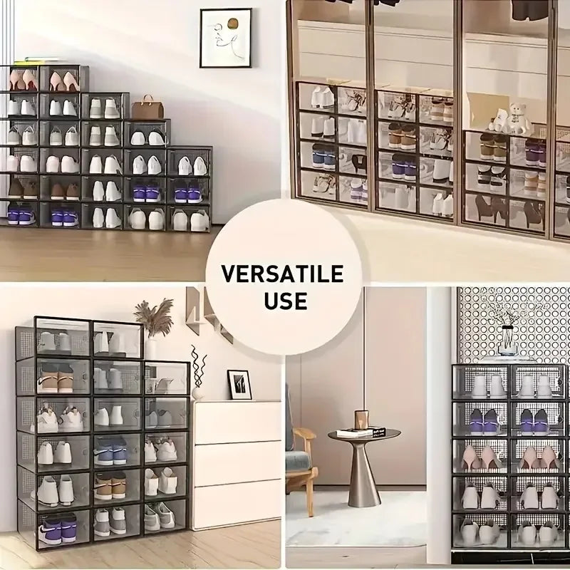 12-Pack Transparent Plastic Stackable Shoe Storage Boxes for Closet Linked Design Sports Shoe Organizers Foldable Shoe Racks Peaceful Pleasures Health and Wellness