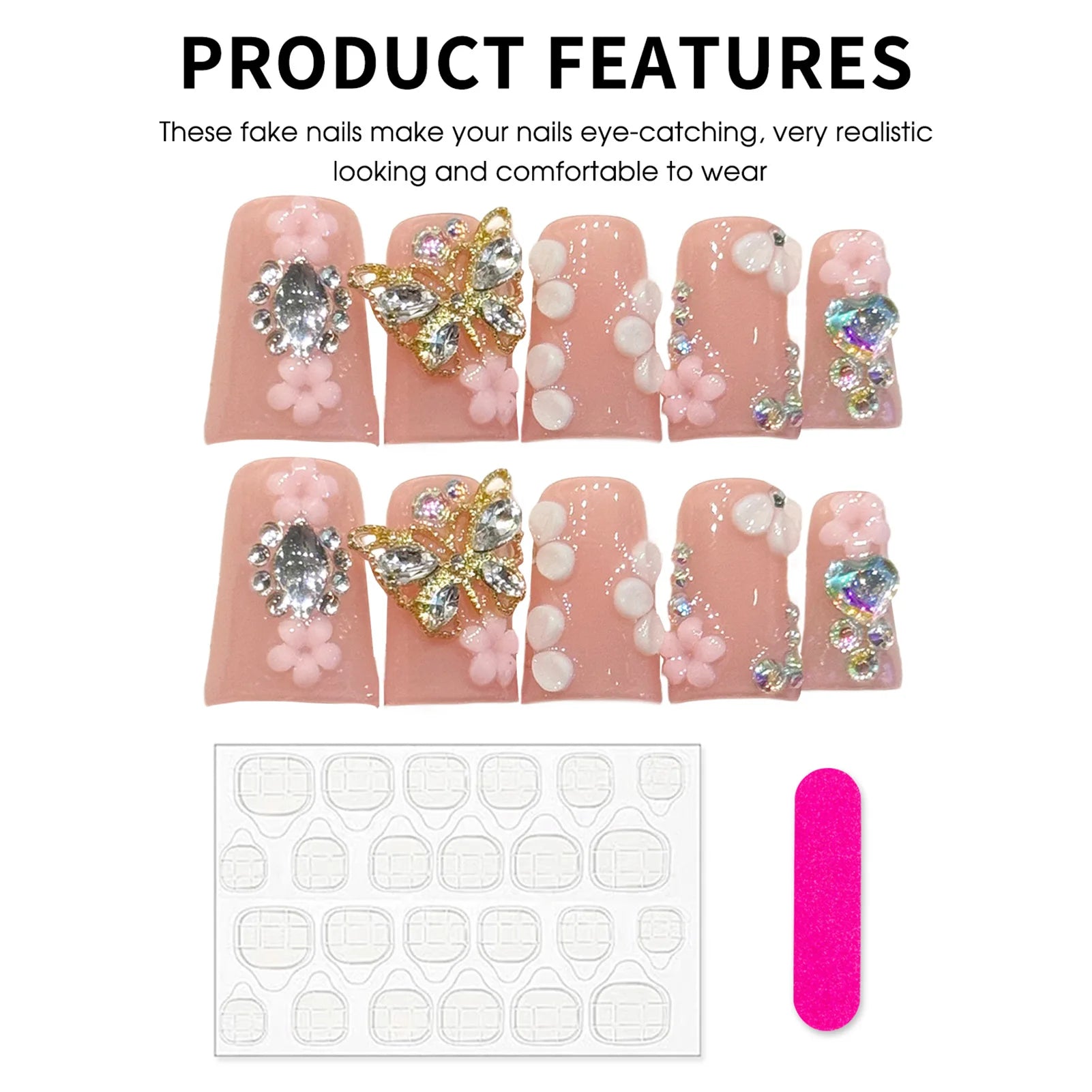 Handmade Press-On Nails Short Duck Tip Pink Floral Rhinestone 3D Press-On Nails Peaceful Pleasures Health and Wellness