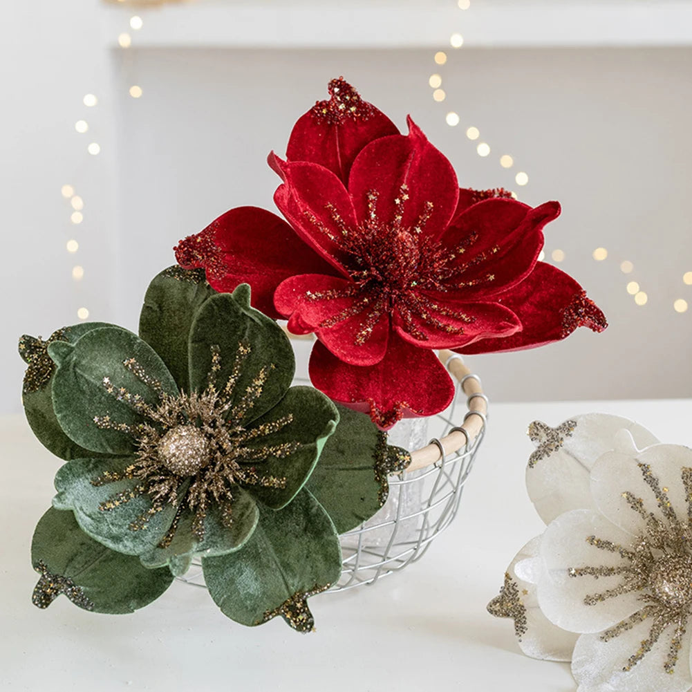 Artificial Glitter Christmas Poinsettia Flower Hanging Xmas Party