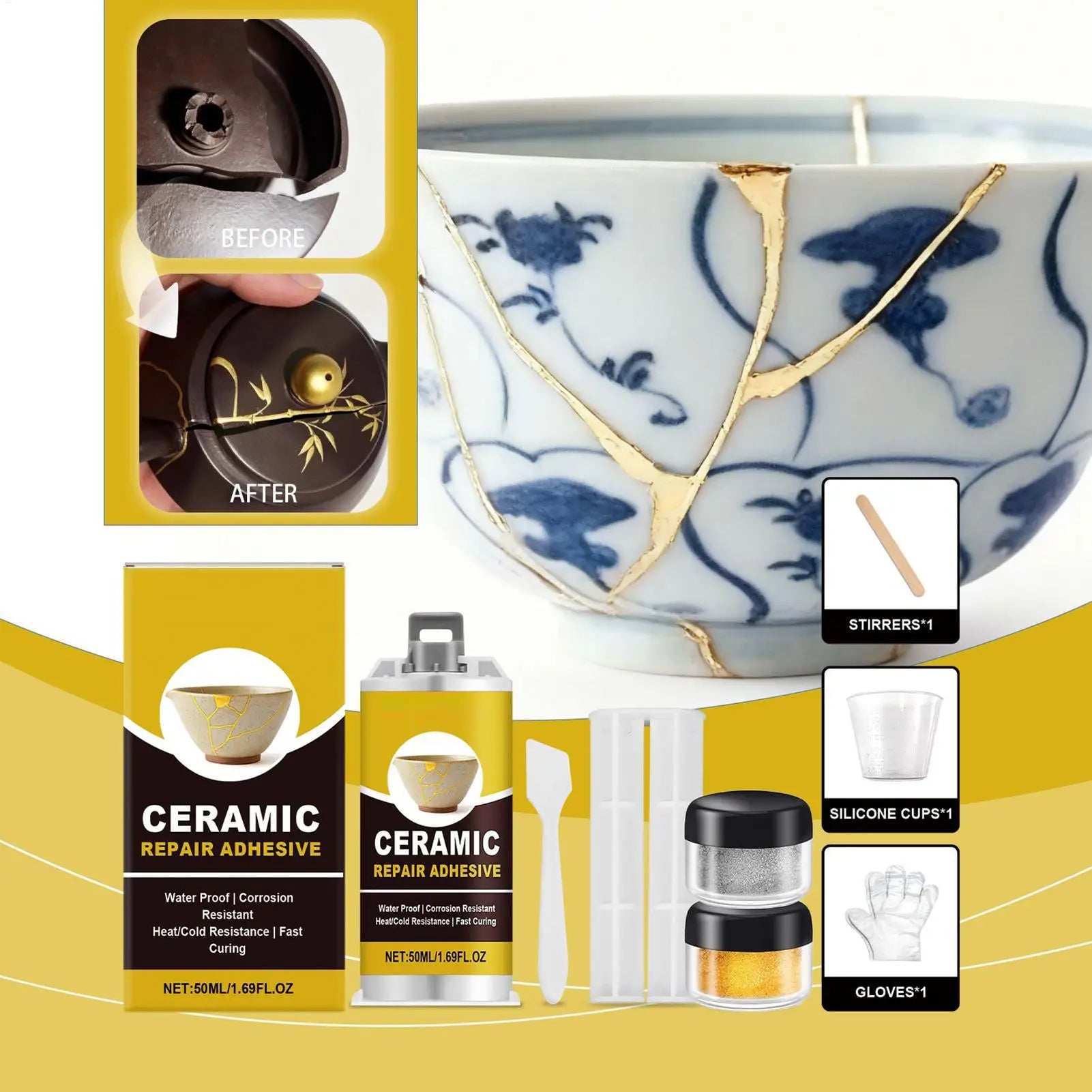 Japanese Kintsugi Ceramic Repair Kit, Food Safe Gold Adhesive, for Broken Pottery Art Craft Bathtub Sculpture Restoration Peaceful Pleasures Health and Wellness