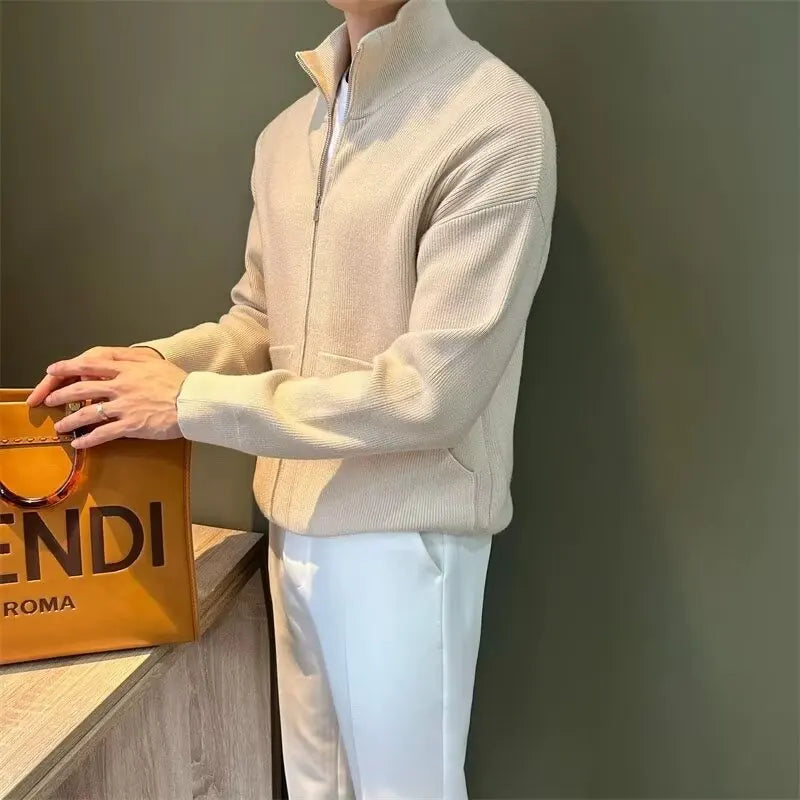 Men's Slim Fit Zip-Up Stand Collar Knit Cardigan Sweater