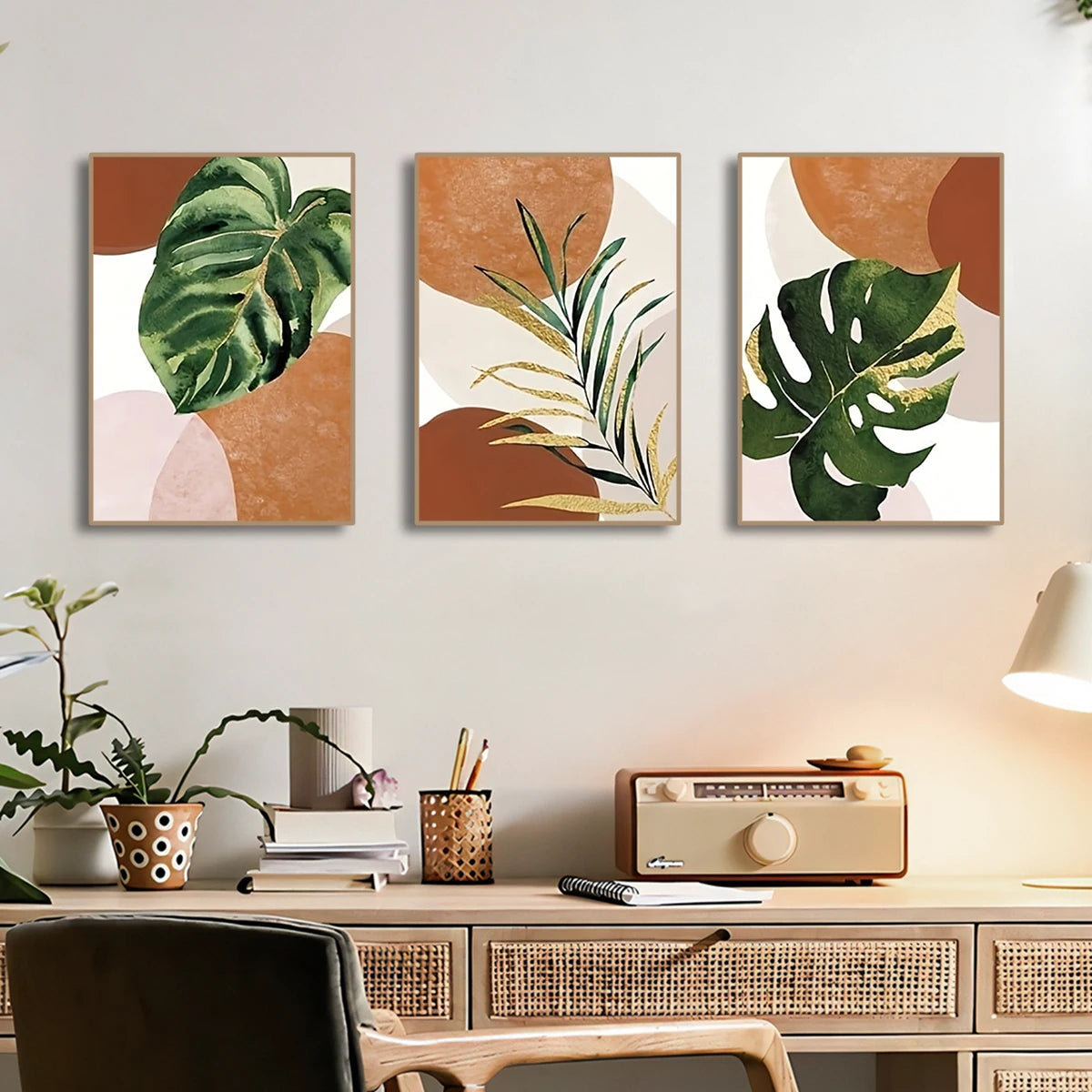 3-Piece Boho Palm Leaf Canvas Wall Art | Green Plant Prints