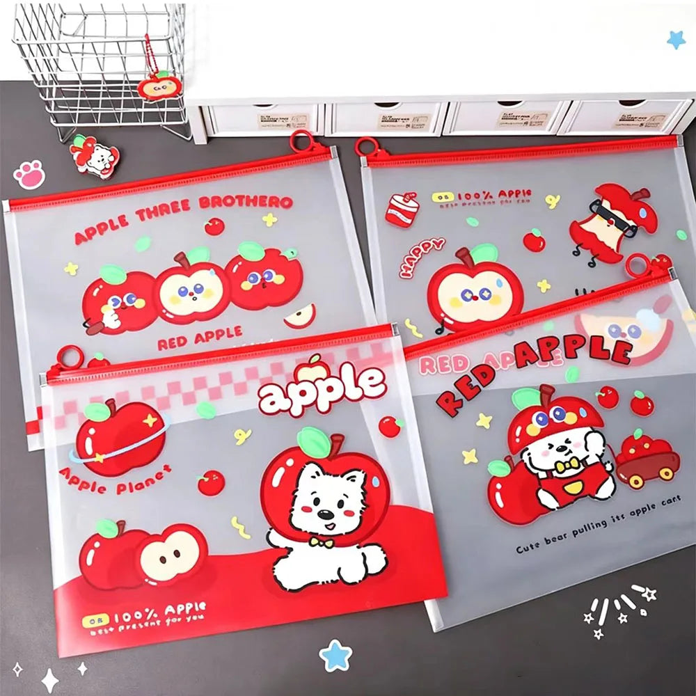 4 Cute Apple Dog A4 File Bag Pull Edge Transparent Data Archive