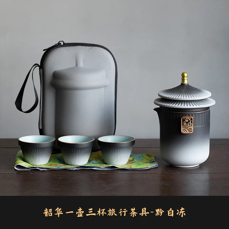 Palace Museum Ceramic Travel Tea Set | Chinese Style Ceramic Tea Set Peaceful Pleasures Health and Wellness black Five-piece Set