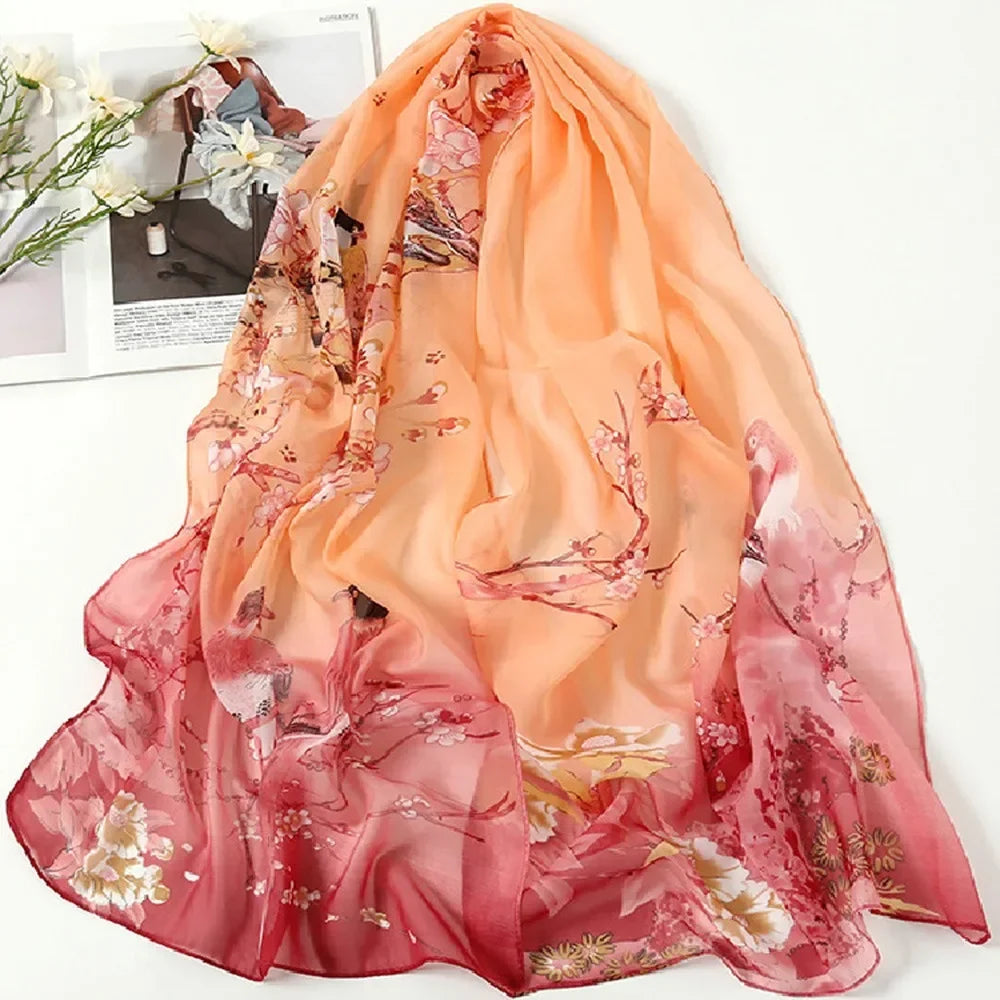 Women's Chiffon Floral Scarf – Gradient Long Wrap Shawl 160×50cm