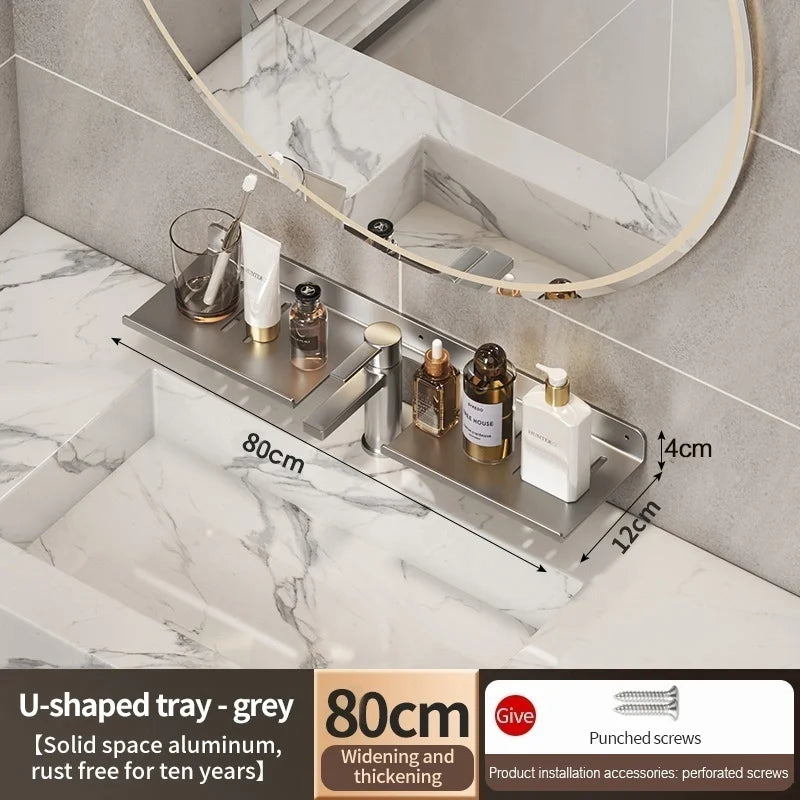 Wall-Mount Aluminum Bathroom Storage Rack & Faucet Tray