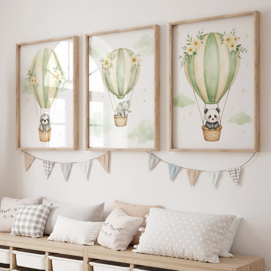 Watercolor Hot Air Balloon Animals Canvas Wall Art | Kids Room Kids Canvas Wall Art Peaceful Pleasures Health and Wellness GP073-3pcs 60x80cm Unframed