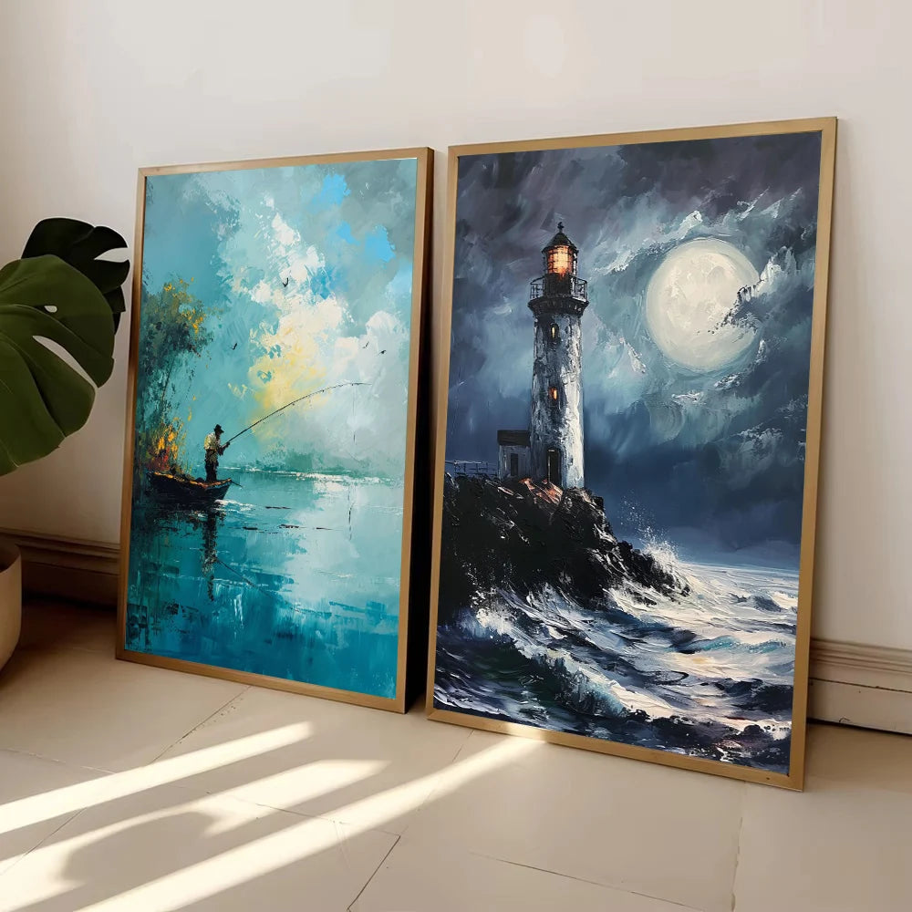 Ocean Beach Canvas Wall Art – Surf Girl, Lighthouse & Palm Tree Canvas Wall Art Peaceful Pleasures Health and Wellness