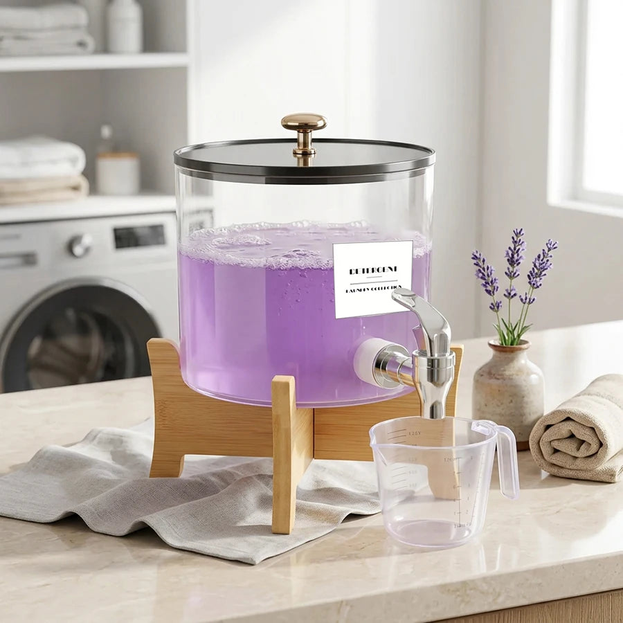 Laundry Detergent Dispenser with Shelf Stand & Spout Lid – Round PS Plastic Container for Laundry Room Organization