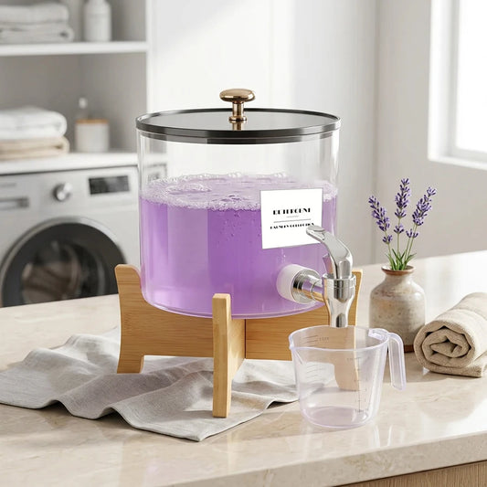 Laundry Detergent Dispenser with Shelf Stand & Spout Lid – Round PS Plastic Container for Laundry Room Organization Peaceful Pleasures Health and Wellness