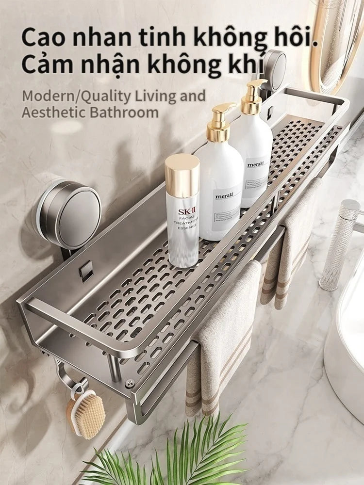 No-Drill Aluminum Suction Cup Bathroom Shelf & Towel Rack