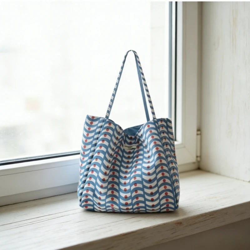 Simple Casual Tote Bag Daily New Large Capacity Double Sided Wave Pattern Canvas Shoulder Bag Commute Lazy Style High Capacity Peaceful Pleasures Health and Wellness