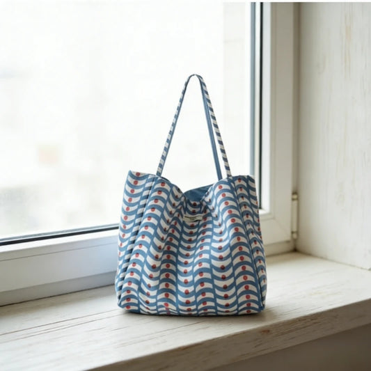 Simple Casual Tote Bag Daily New Large Capacity Double Sided Wave Pattern Canvas Shoulder Bag Commute Lazy Style High Capacity Peaceful Pleasures Health and Wellness