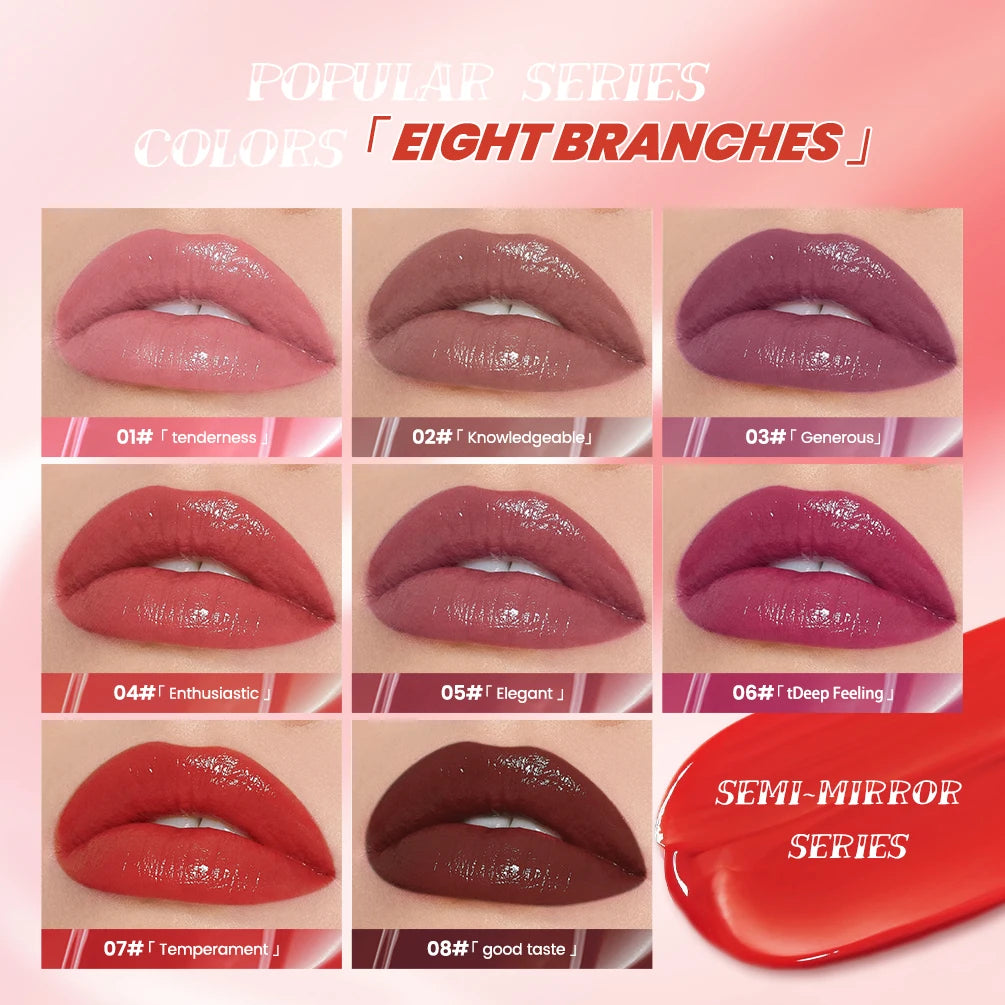 QIBEST 8 Color Watery Lip Gloss Waterproof Long Lasting Mirror Lip Glaze Moisturizing Liquid Lipstick Tint Women Makeup Cosmetic Peaceful Pleasures Health and Wellness