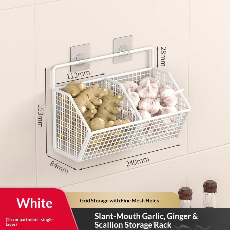 Space Saving No Drill Wall Mounted Organizer for Ginger Garlic Onion Storage Ideal for Kitchen Small Apartment Cooking Use Peaceful Pleasures Health and Wellness 2 Grids White