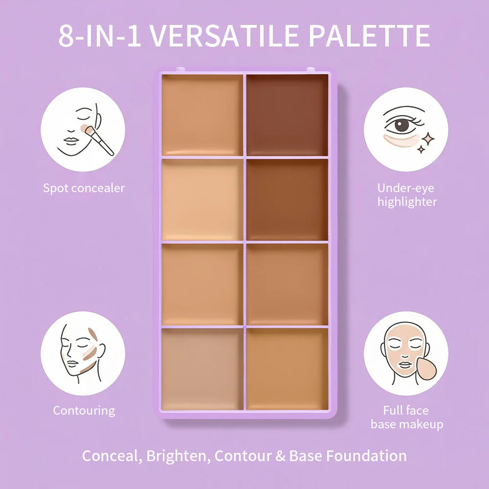 8-Shade Cream Concealer Palette with Brush & Puff | Full Coverage