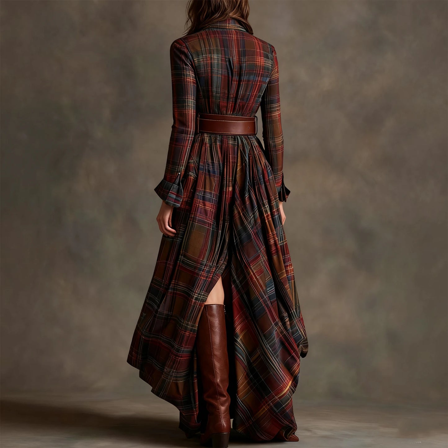 Retro Plaid Maxi Shirt Dress – Long Sleeve, Belt & Pockets