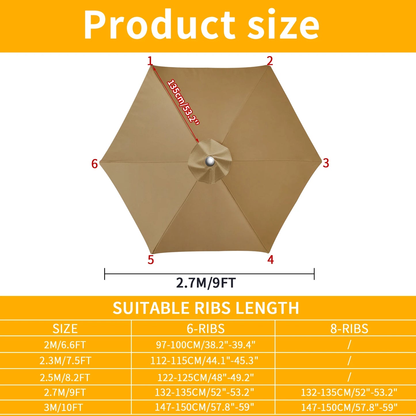 Patio Umbrella Replacement Canopy 6/8 Rib Anti-UV Polyester