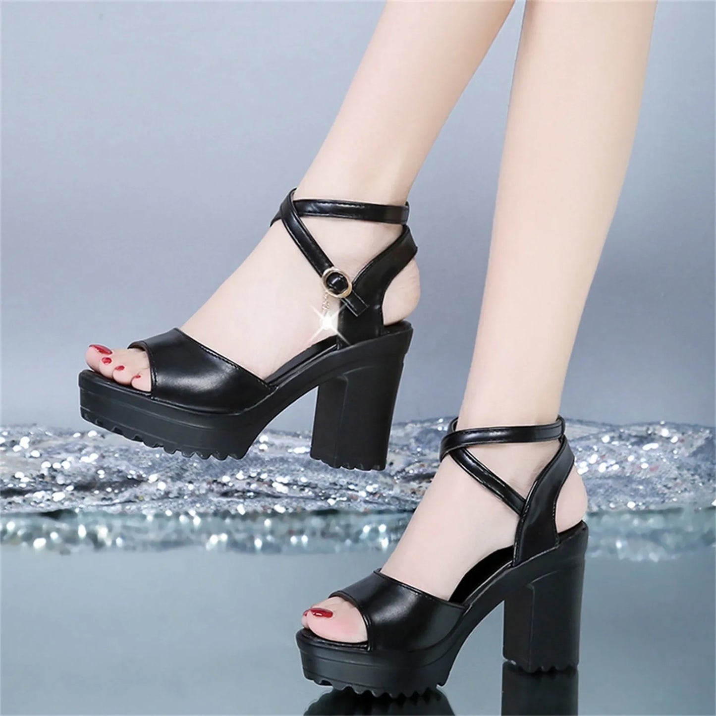 Women Fish Mouth Platform High Heels Wedges Buckle Slope Sandals Women Shoes Woman Platform High Heels Sandals High Heels Peaceful Pleasures Health and Wellness 38 Black