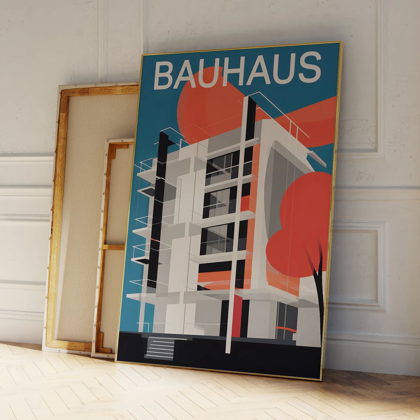 Modern Bauhaus Retro Architecture Framed Canvas Wall Art
