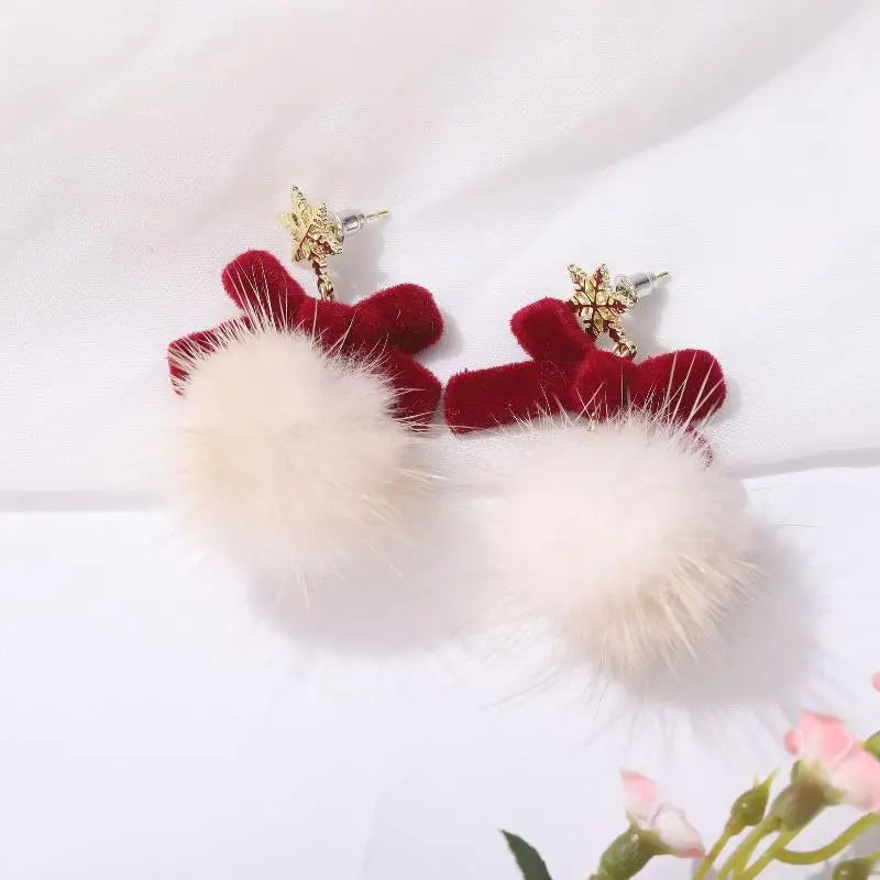 Pompom Bowknot Plush Drop Earrings | Christmas & New Year Gift