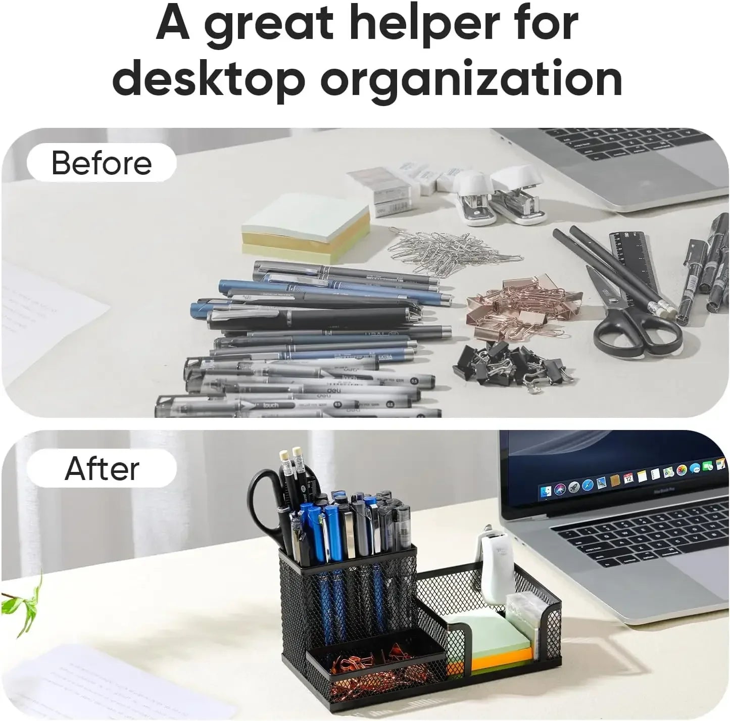 Black Mesh Desk Organizer – 3-Compartment Pencil Holder Caddy
