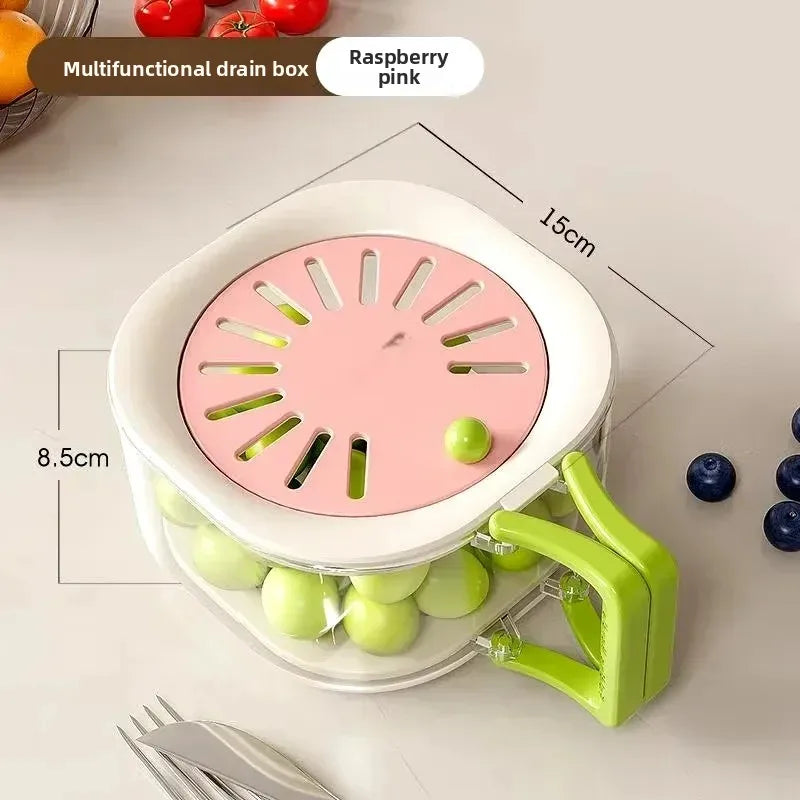 2-in-1 Double Layer Drain Basket, Fruit Drainer Container with Foldable Handle, Multi-Functional Food Strainer Peaceful Pleasures Health and Wellness pink
