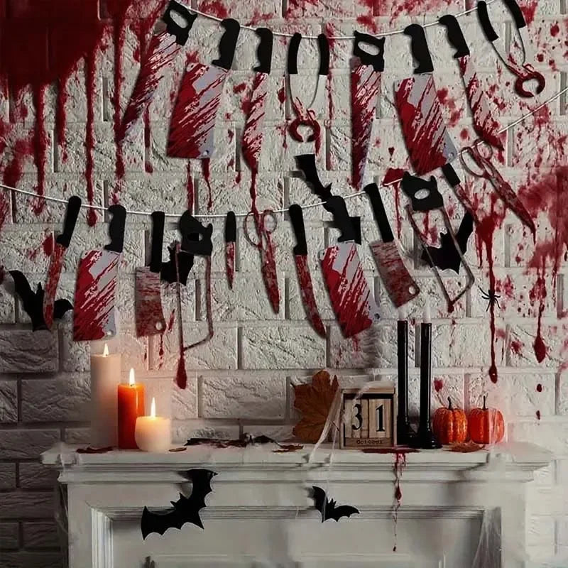 Halloween Bloody Knife Hanging Banner Horror Prop – 1–4 Sets