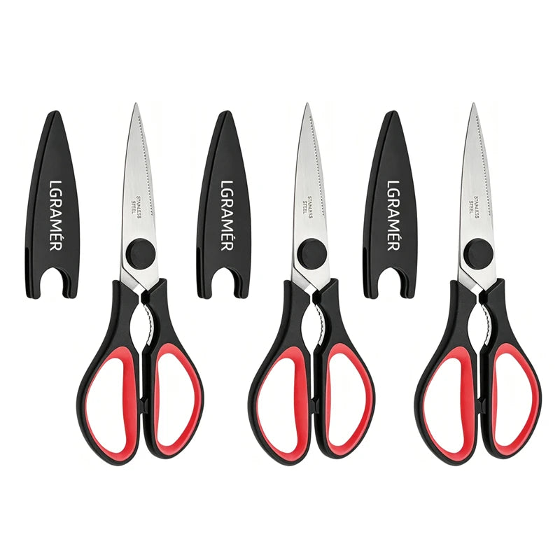 Red Stainless Steel Kitchen Scissors | Serrated Shears & Opener