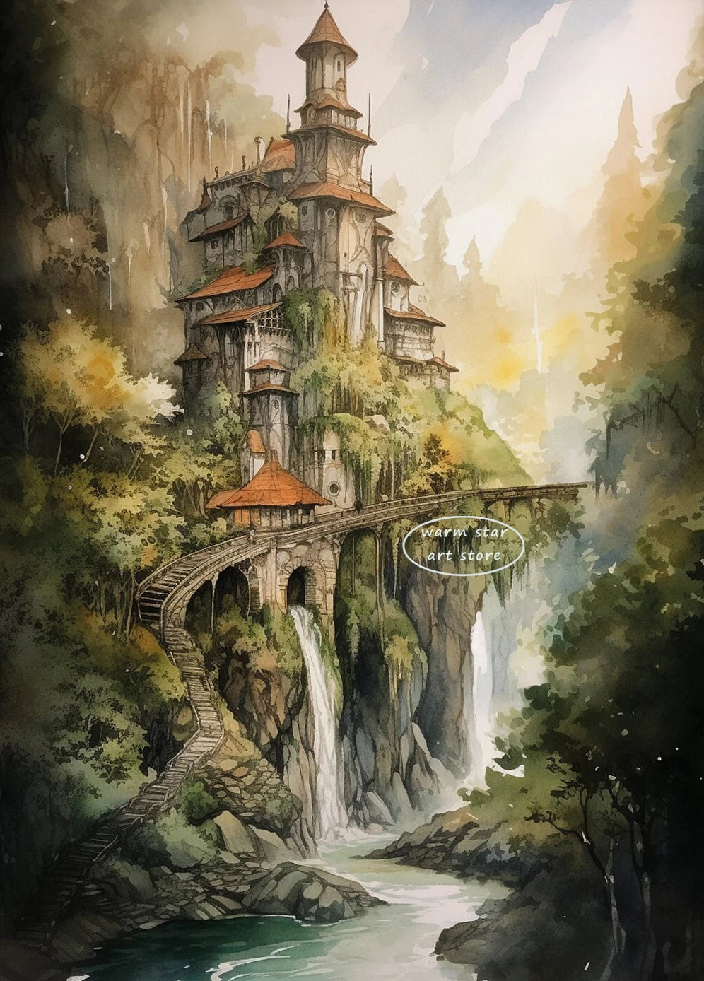 Watercolor Middle Earth Classic Magic Movie Rivendell Canvas Art Ring Posters and Prints Wall Painting Living Room Home Decor Peaceful Pleasures Health and Wellness A6 40X60CM