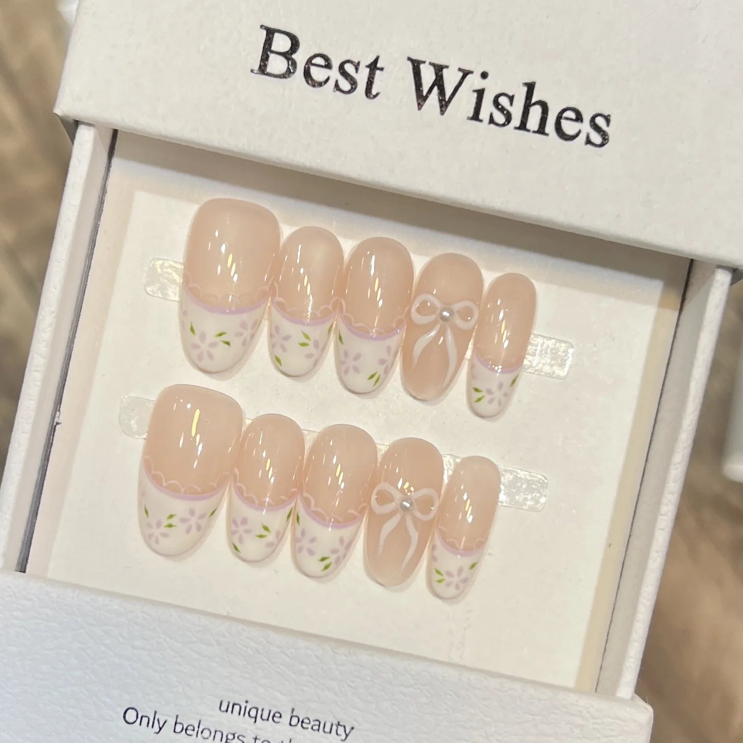 10pcs Handmade French Cat Eye Press on Nails Sweet Light Purple Bow Decor Fake Nails Wearable Korean Cute Ballet False Nails Peaceful Pleasures Health and Wellness L