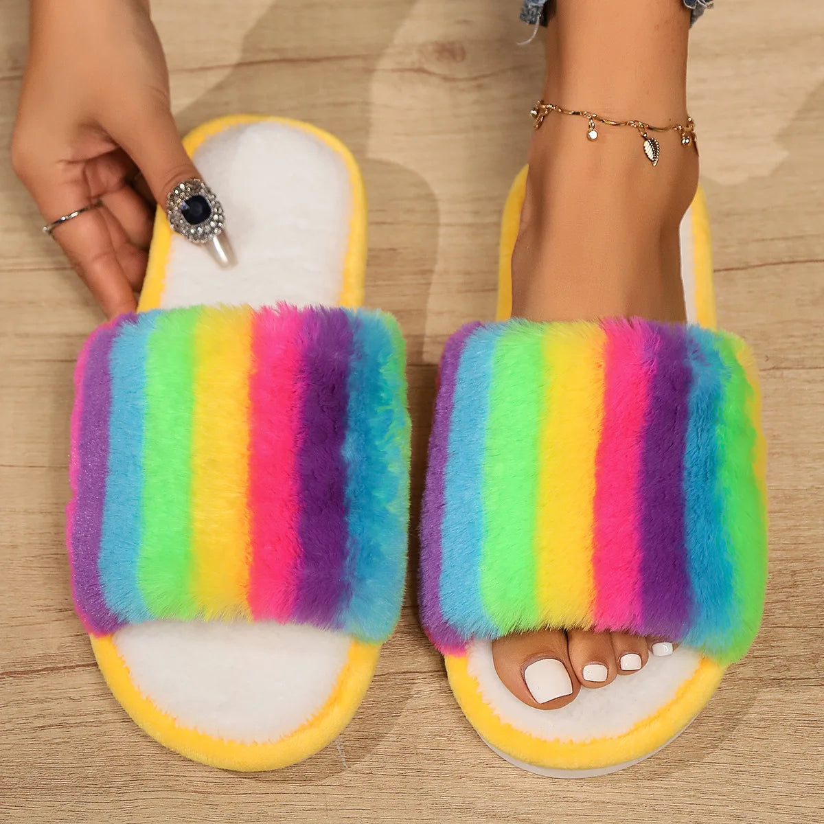 Women's Rainbow Plush Slippers – Fluffy Non-Slip Indoor Shoes