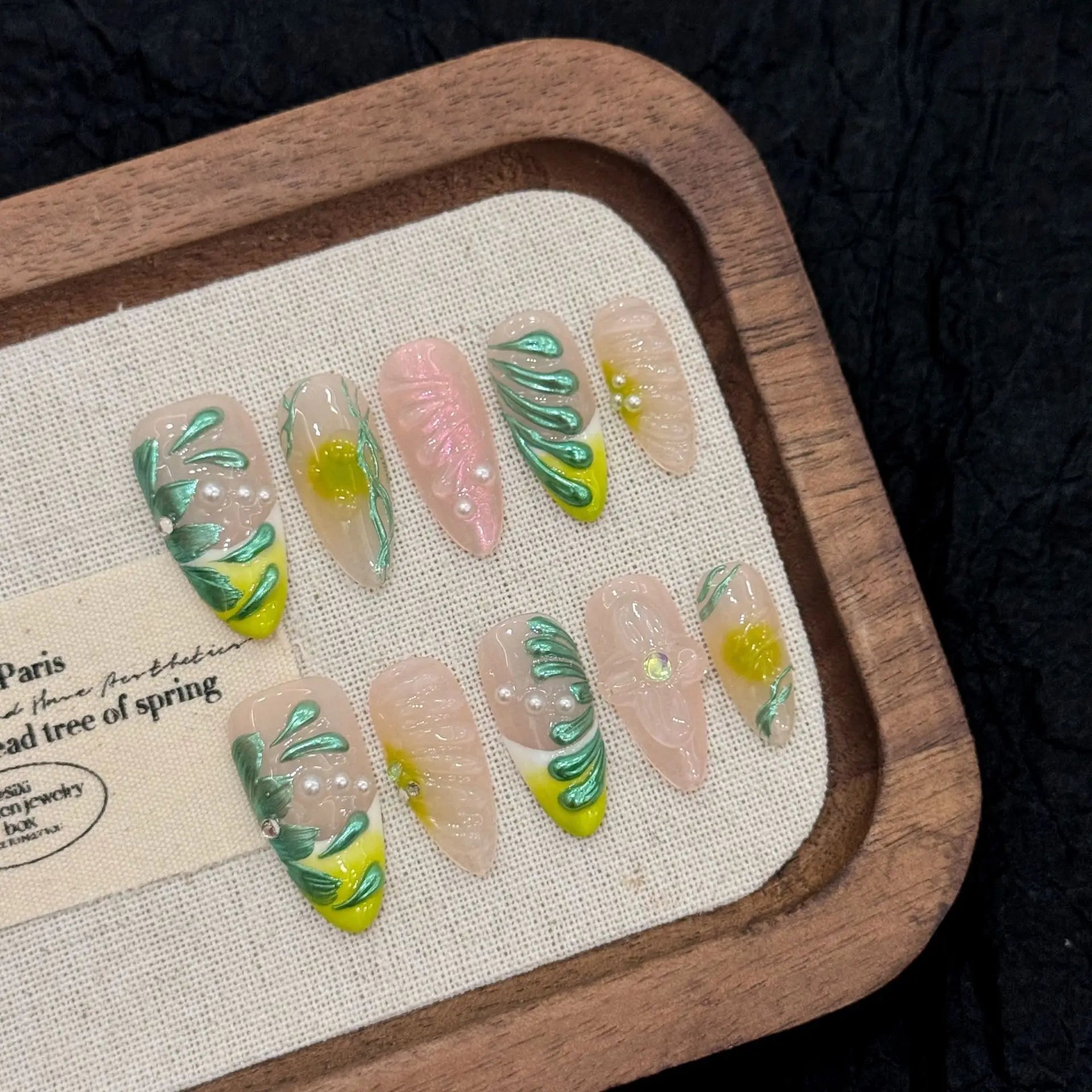 10pcs Handmade Almond Press on Nails Gradient Black Cat Eye Fake Nails Wearable Reusable 3D Carved Flower Design False Nail Tips Peaceful Pleasures Health and Wellness L