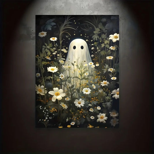 Retro Cute Ghost Companion & Reads Book Canvas Prints Monster Holds Black Cat Wall Art Poster for Living Room Halloween Decor Peaceful Pleasures Health and Wellness