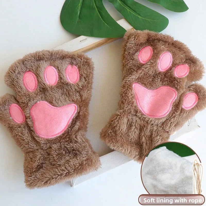 Cat Paw Fuzzy Fingerless Gloves – Soft Plush Winter Mittens